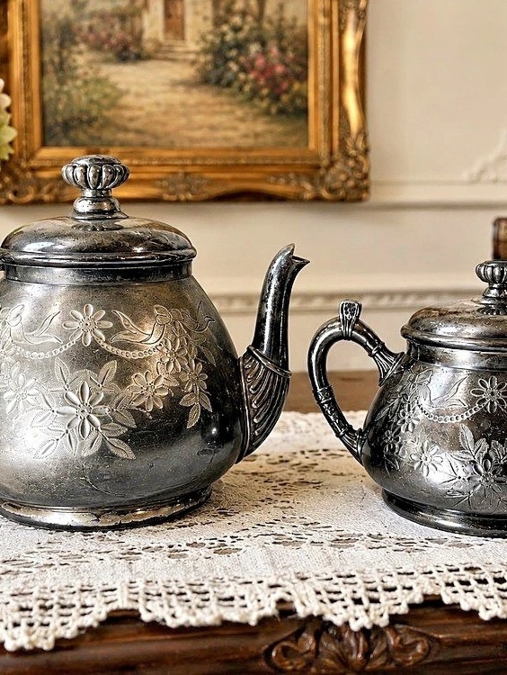 Antique Pairpoint Mfg Co #316 Quadruple Plate Teapot Sugar Bowl Silverplate Set